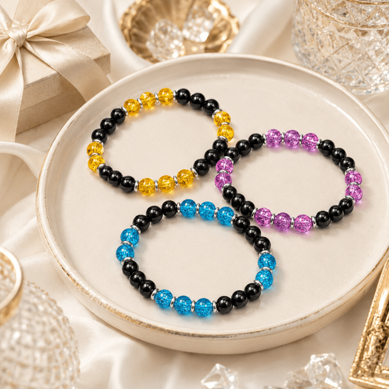 3pc Colored Exploding Bead Elastic Bracelet Set, Unisex Casual